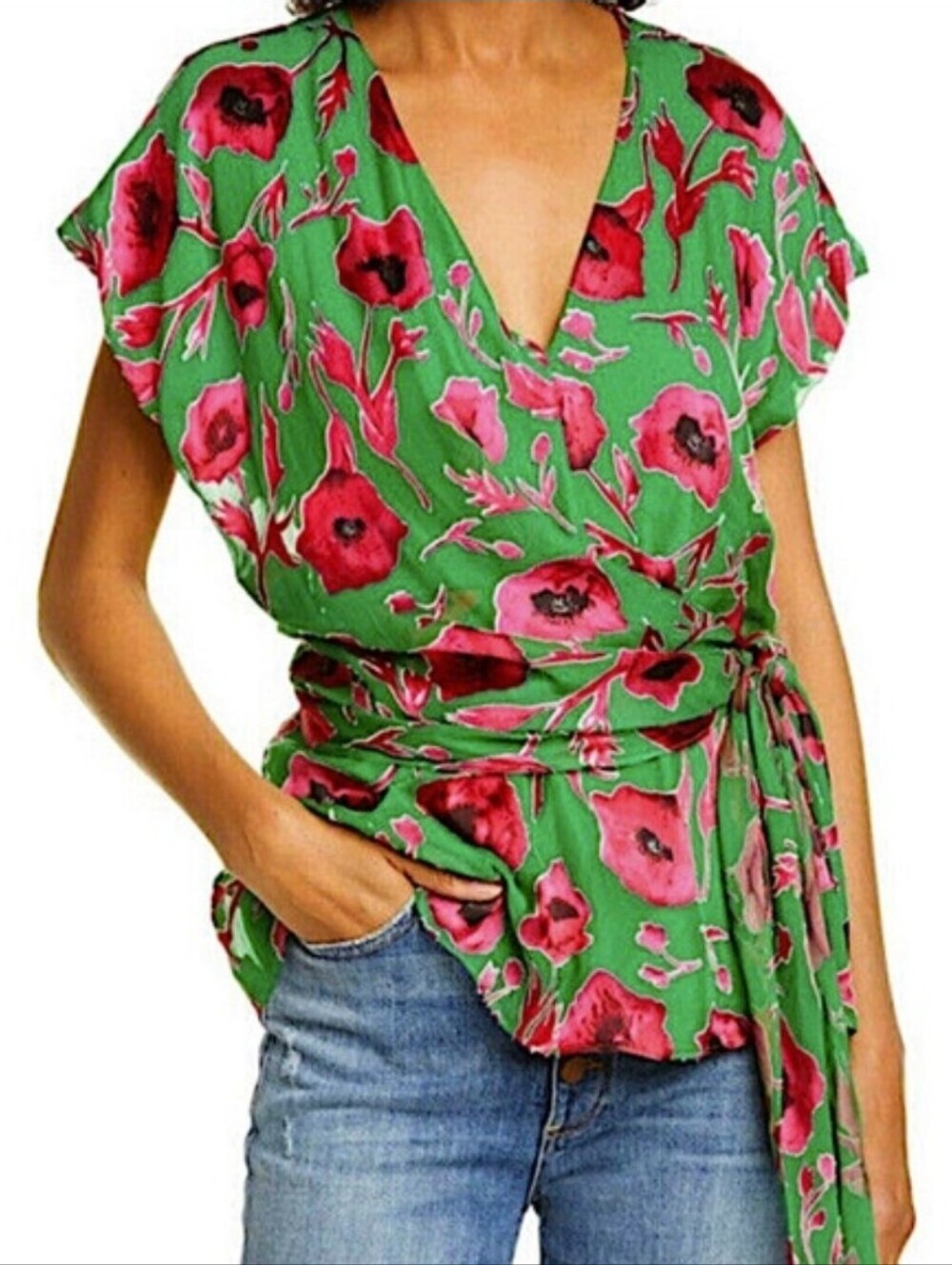 Alice + Olivia Essie Silk Wrap Blouse Top Scarf Belt Green Pink Poppy Women's XS